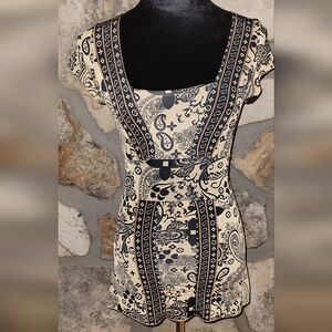 ​Y2K 70s Inspired Paisley Mini Dress Tunic Top Square Neck Fitted Mini Dress